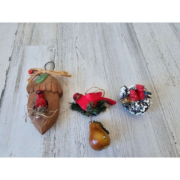 Cardinal bird ornament acorn pear set vintage nest unique birdhouse wooden - Picture 1 of 14